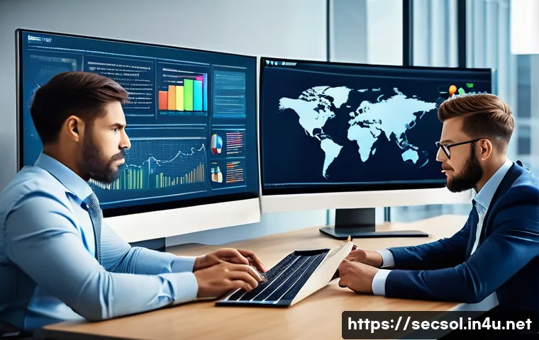 보안 컨설팅 기업 선택 시 체크리스트 - A professional cybersecurity consultant team in a modern office environment, analyzing detailed proj...