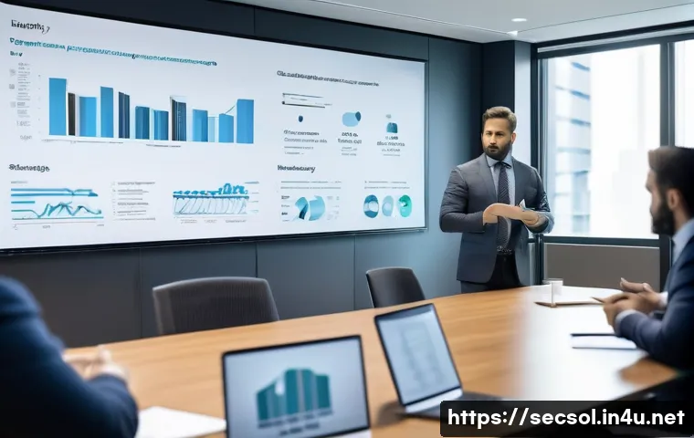 보안 컨설턴트를 위한 효과적인 보고서 작성법 - A professional security consultant presenting a detailed cybersecurity report to a diverse group inc...