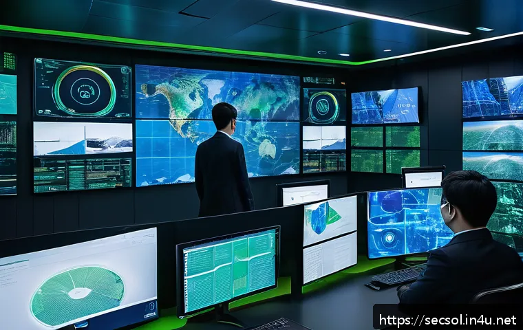 보안솔루션 컨설팅 관련 최신 트렌드 - A futuristic cybersecurity operations center (SOC) with diverse professionals monitoring multiple la...